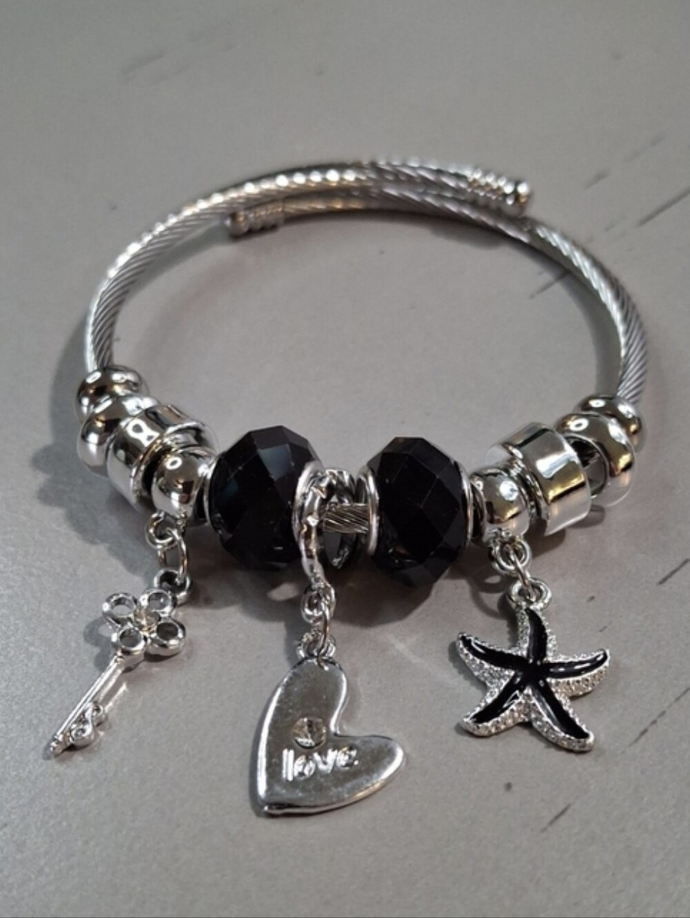 Stainless Steel Silver Cable Bracelet with Black Crystal Beads & Charms